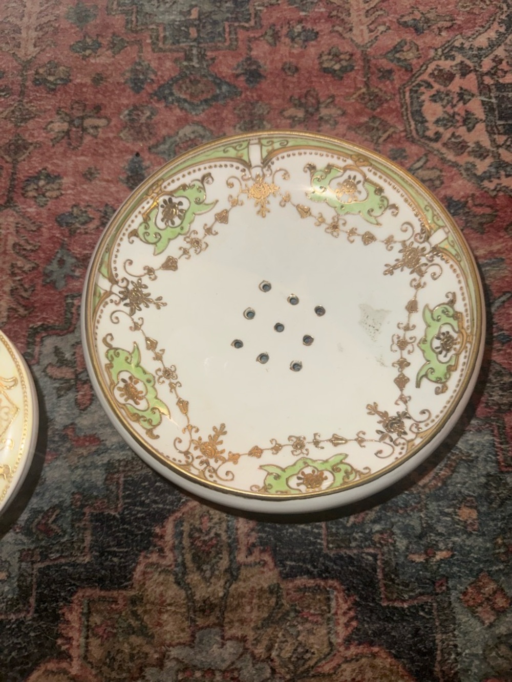 Vintage White Porcelain Trinket Dish with Green and Gold Scrollwork